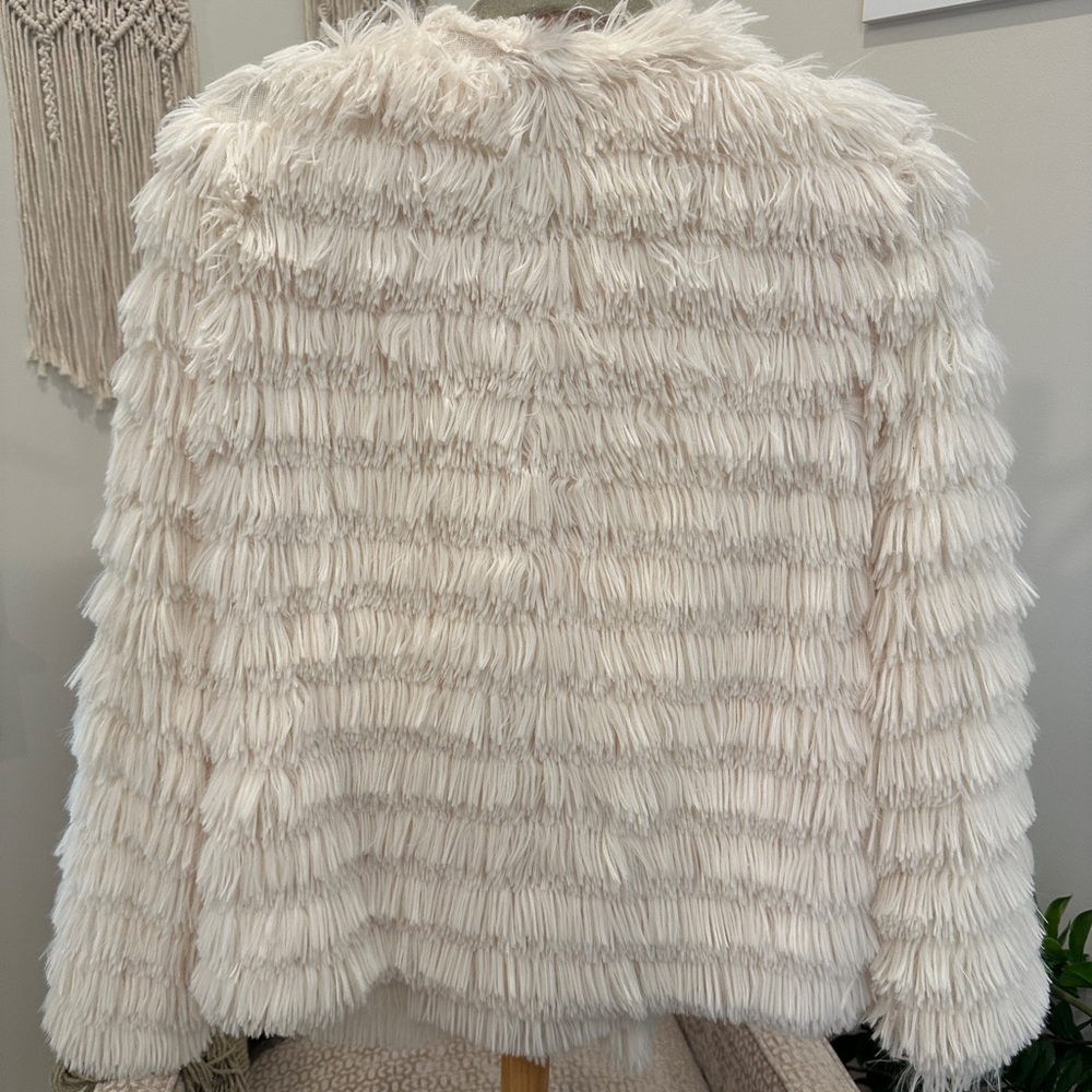 Style U Cream Shag Faux Fur Jacket Fringe Textured Open Front Size L - Picture 7 of 7